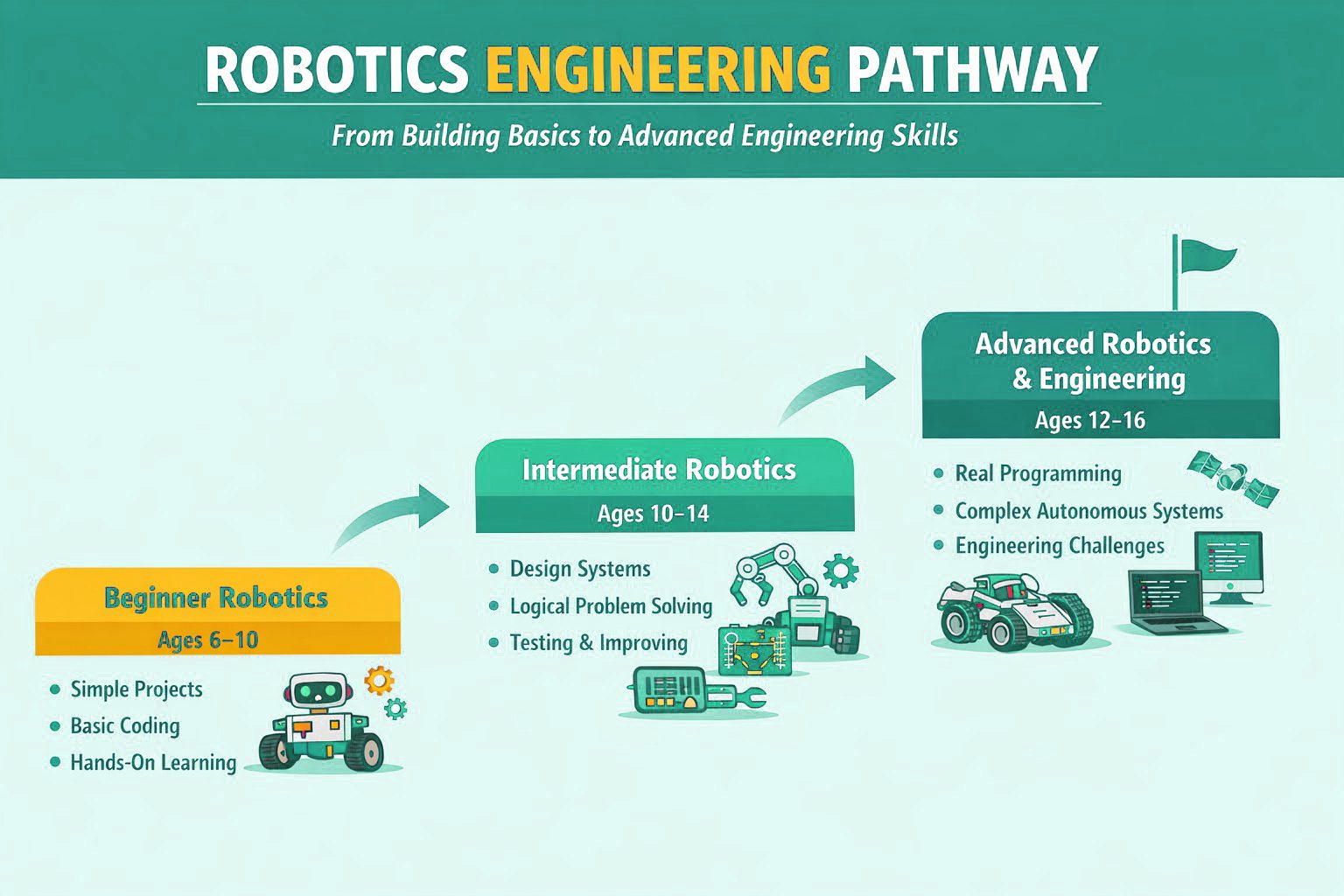 Robotics Engineering Pathway diagram showing three levels: Beginner Robotics ages 6–10, Intermediate Robotics ages 10–14, and Advanced Robotics and Engineering ages 12–16